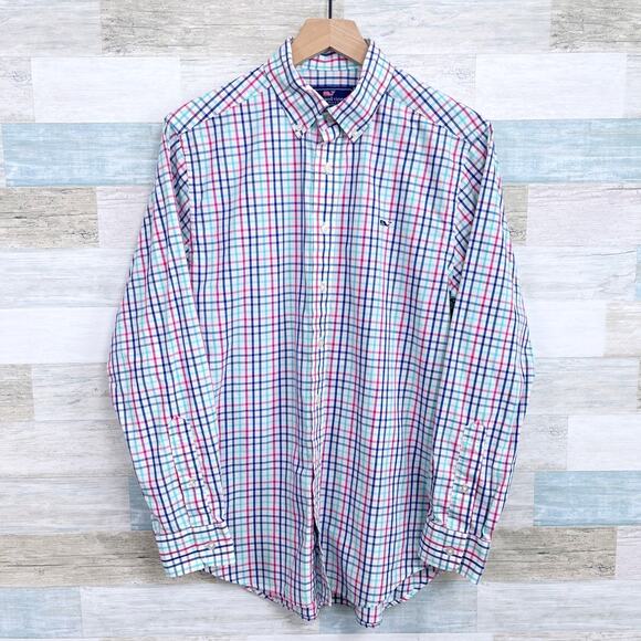 Vineyard Vines Slim Fit Whale Shirt Blue Pink Plaid Long Sleeve Mens Medium